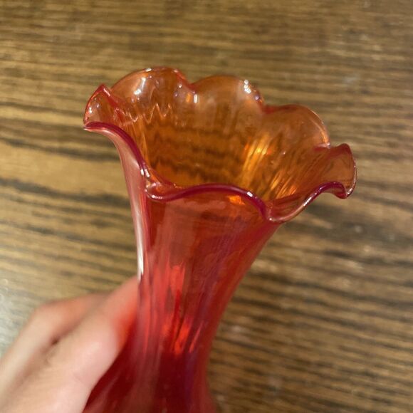 Vintage Orange Red Glass Swung Vase Ribbed Ruffled Stretch 5.75” Depression - Picture 2 of 6